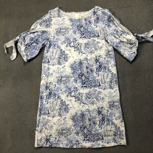 H&M  Linen Blend safari Tiger Blue White Shift Dress Tie Sleeves size 2